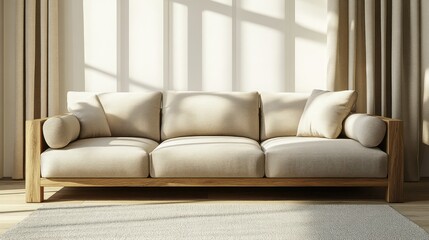Light beige sofa with wooden frame, sunlit room