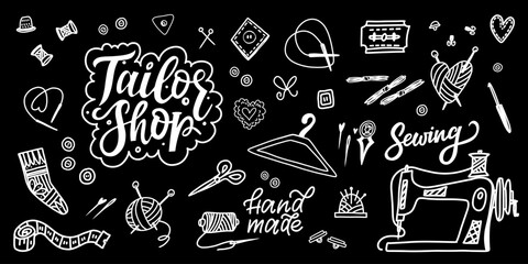 Handdrawn Sewing and Tailoring Elements Including Sewing Machine and Tools
Doodle illustration featuring various tailoring and sewing tools including a sewing machine, needles, spools, etc