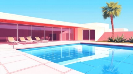 Fototapeta premium Modern pool house with patio and lounge chairs. Sunny, stylish exterior