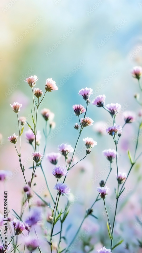 Poster soft focus macro shot of lilac flowers growing in a field with pastel colors in the background