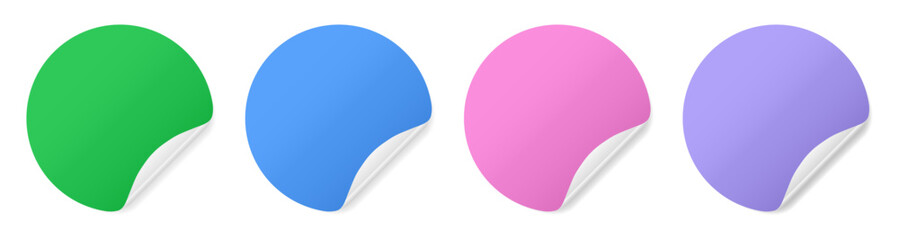 Set of round paper stickers with silver foil back. Stick in notes. Green, blue, purple and pink colors. Multicolor post it notes. Sheets of paper. Tag, sticky note	
