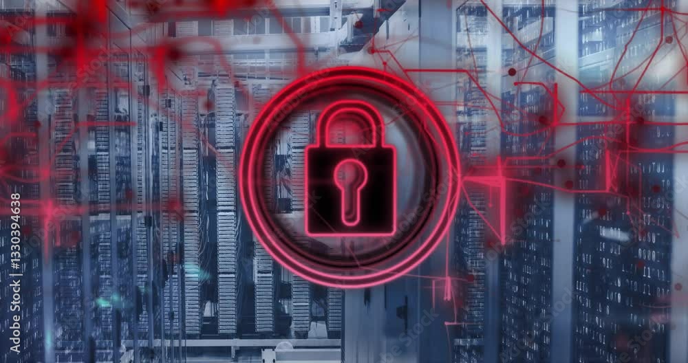 Poster cybersecurity animation with red lock symbol over data servers for protection