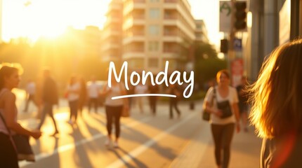 People Walking in Sunny City Street with Monday Text Overlay