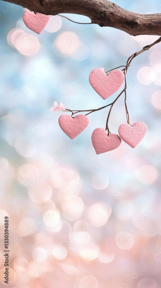 Poster pink hearts dangling from bare tree branch, soft bokeh background highlighting romantic seasonal dec