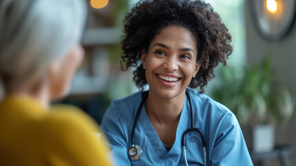 A home health care worker assists an elderly woman in her home / Healthcare aide / Medical assistant