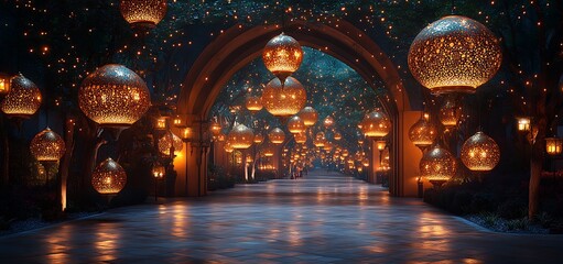 Obraz premium Magical Corridor with Ornate Lanterns and Twinkling Lights Under a Starry Sky
