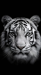 Close-up black and white portrait of a white bengal tiger emerging from a dark background, creating a dramatic and captivating image