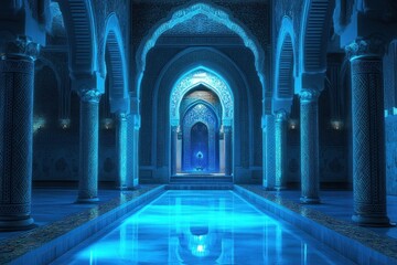 Fototapeta premium Mystical blue Moroccan palace interior at night