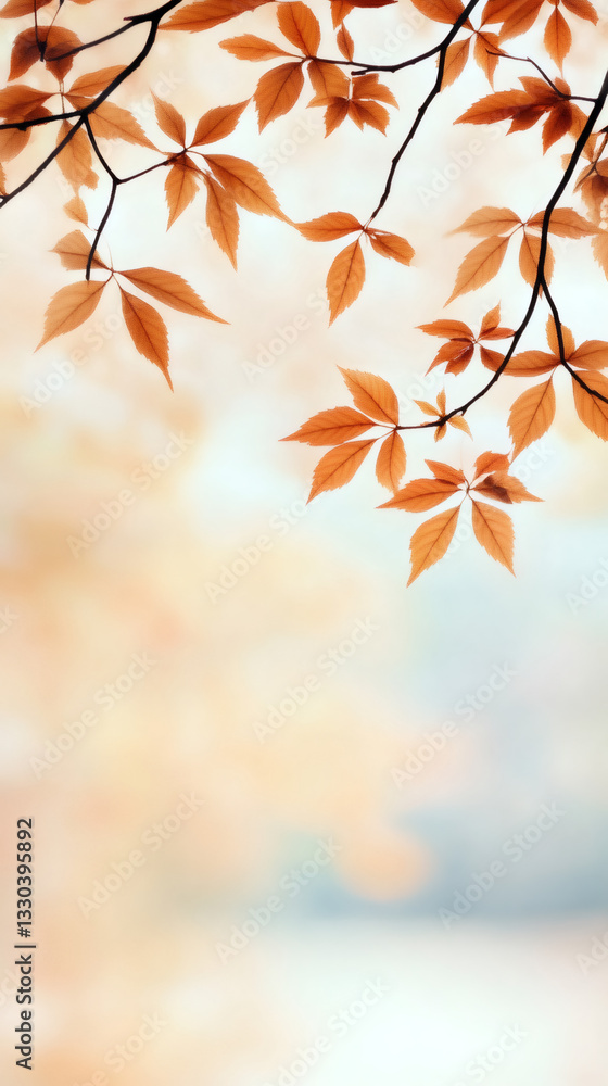 Aufkleber orange autumn leaves hanging from branch against blurred background, creating a serene and peaceful 