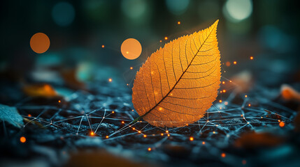 Glowing autumn leaf resting on digital network with illuminated connection points against dark background. Concept of nature technology integration and digital transformation
