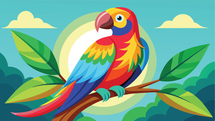 Obraz premium Colorful parrot sitting on a branch in a vibrant jungle at sunrise with a background of lush greenery and rays of light