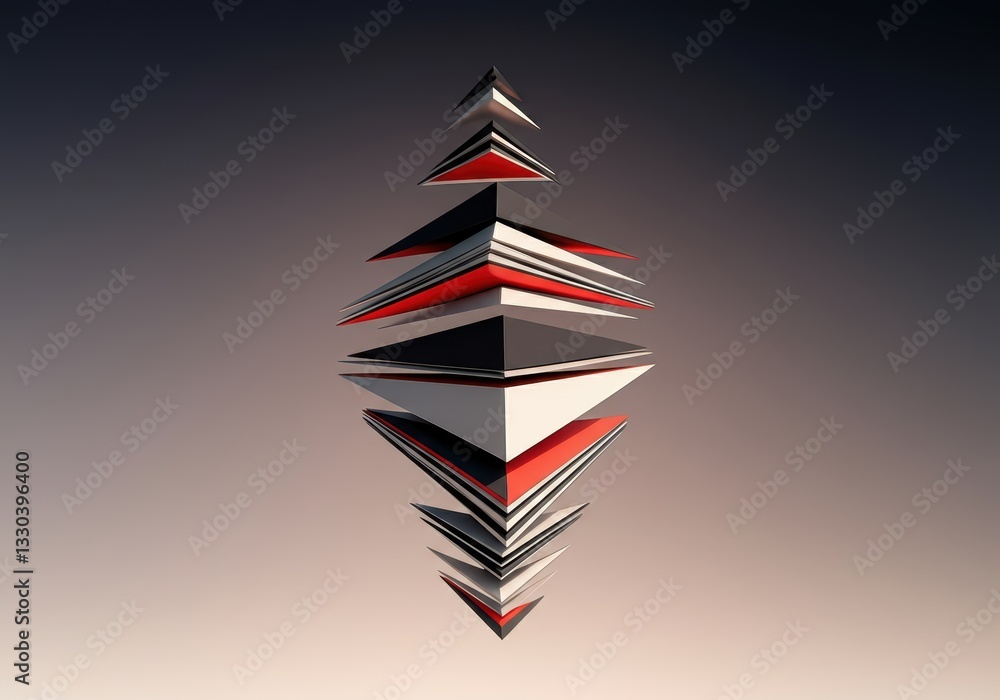 Poster abstract geometric sculpture with layered triangular shapes in red and white
