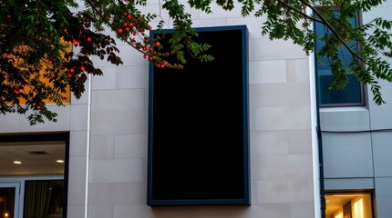 Blank Billboard on Building Facade with Leaves and Evening Lighting
