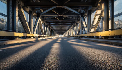 Fototapeta premium Steel bridge presents a striking view, emphasizing its symmetrical design under the soft light of the early morning