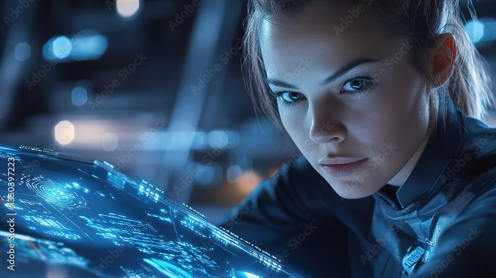 Poster female engineer working with digital technology in futuristic setting