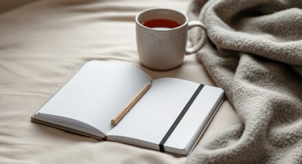 Fototapeta premium Cozy scene with a notebook and a cup of tea on a blanket 