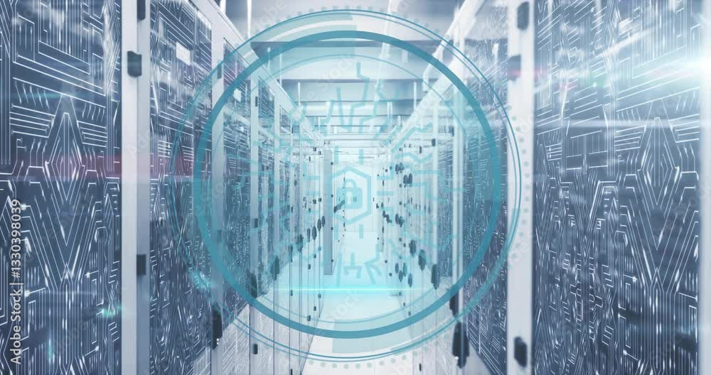 Poster digital security lock animation over data servers in technology center