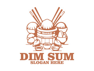 Line art illustration of dim sum in a bamboo steamer with chopsticks on a white background. Asian cuisine concept. dim sum in a steamer with chopsticks and tea cups and logo vector dism sum