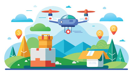 Vector illustration showcasing a drone flying over a colorful landscape with houses, trees, and storage facilities during a sunny day