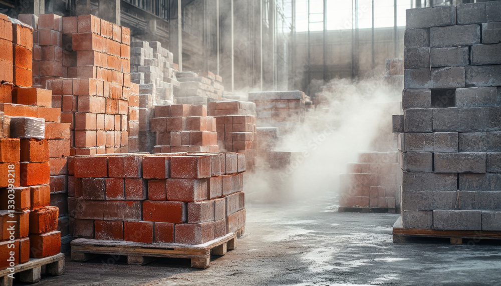 Poster stacks of red and gray bricks fill a spacious warehouse, illuminated by sunlight filtering through l