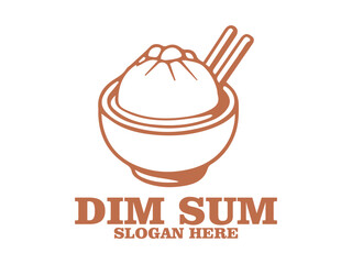 Line art illustration of dim sum in a bamboo steamer with chopsticks on a white background. Asian cuisine concept. dim sum in a steamer with chopsticks and tea cups and logo vector dism sum