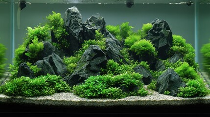 Lush aquatic landscape with dark rocks and vibrant green plants