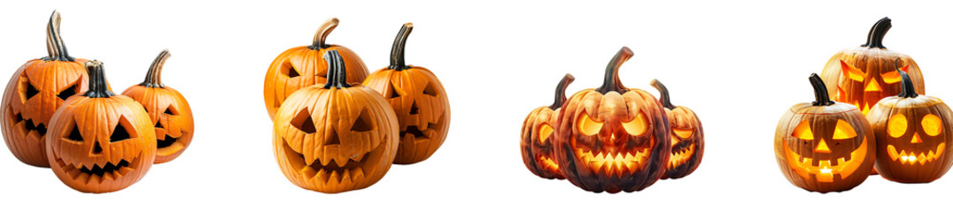 Three pumpkins come to life on halloween on transparent background collection set