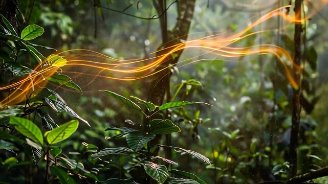 Schwebende Lichtlinien &uuml;ber gr&uuml;nen Pflanzen