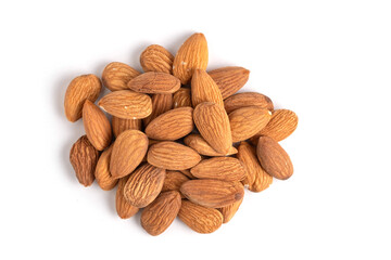 Almond isolated on white background. Top view. Flat lay.