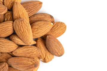 Almond nuts on white background with copy space for your text.