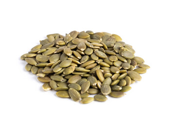 Pumpkin seeds isolated on white background. Healthy food concept.