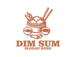 Line art illustration of dim sum in a bamboo steamer with chopsticks on a white background. Asian cuisine concept. dim sum in a steamer with chopsticks and tea cups and logo vector dism sum