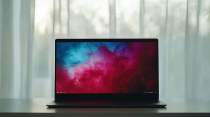 Fototapeta premium Vibrant Laptop Mockup in Clean Office Setting