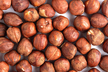 Hazelnuts background. Close up of hazelnuts on white background.