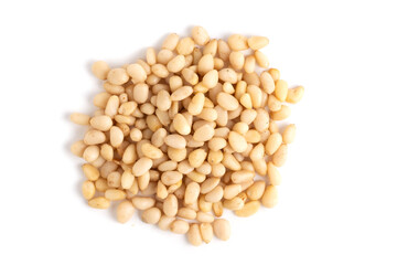 Pine nuts isolated on white background. Top view. Flat lay.