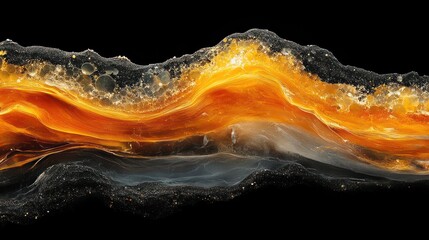 Abstract fluid art, vibrant orange and gray waves flowing over dark background.