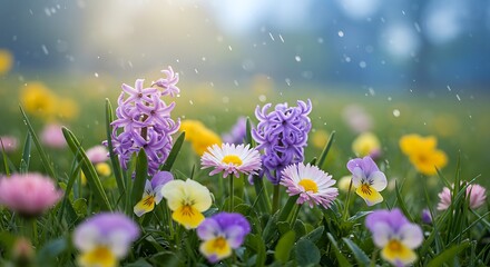 Colorful Flowers Blooming in Meadow with Rain Showers and Sunlight
