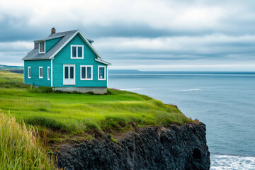 Colorful coastal house on grassy cliff overlooking calm ocean under cloudy sky with peaceful scenic sea view