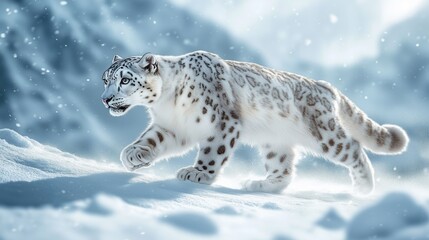 Fototapeta premium Snow leopard walking through snowy landscape during winter in the mountains, showcasing its beautiful fur and keen gaze in the cold environment