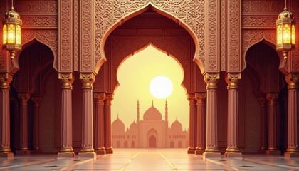 Eid Ul Adha Celebration: Mosque Decor and Ramadan Kareem HighDef Wallpaper. A mosque with arches and lanterns in the foreground at sunset.