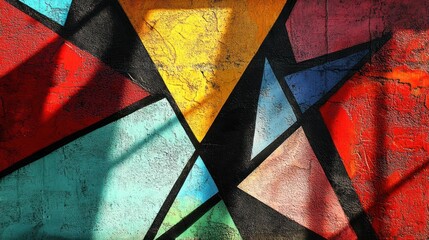 Vibrant colorful geometric design on a textured surface, with triangular shapes and shadows.
