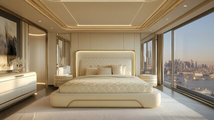 A chic, high-end bedroom featuring a queen-sized bed with soft cream-colored leather upholstery and gold trim details