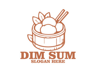 Line art illustration of dim sum in a bamboo steamer with chopsticks on a white background. Asian cuisine concept. dim sum in a steamer with chopsticks and tea cups and logo vector dism sum