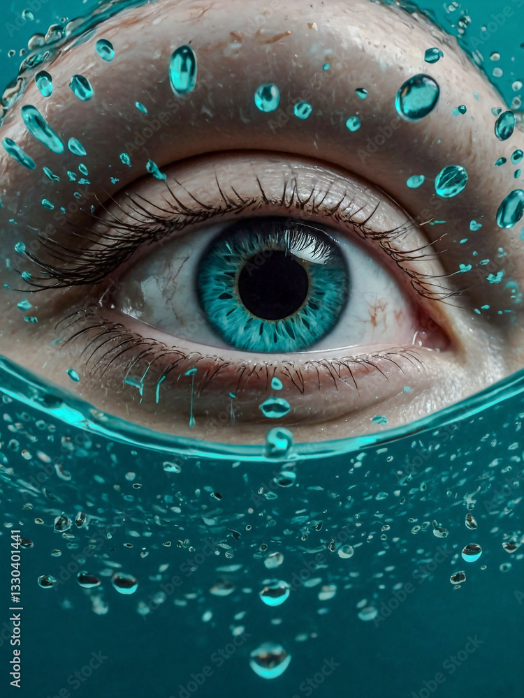 Poster realistic eye floating before a teal data stream background.