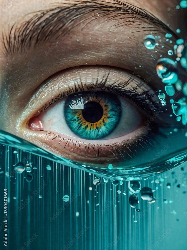 Poster realistic eye floating before a teal data stream background.