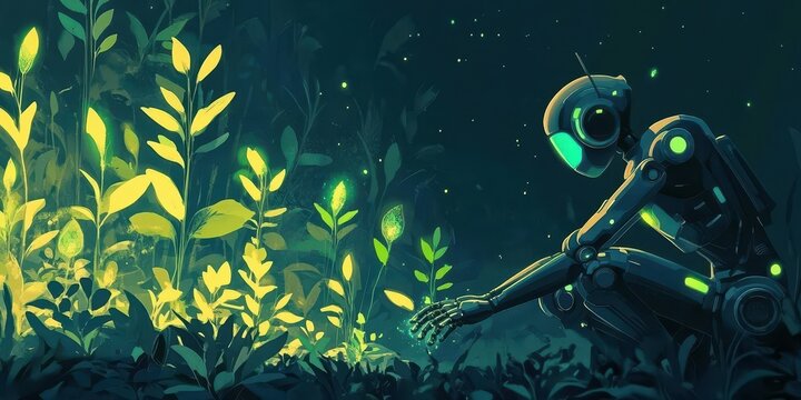 A futuristic robot tending to glowing plants in a dark forest