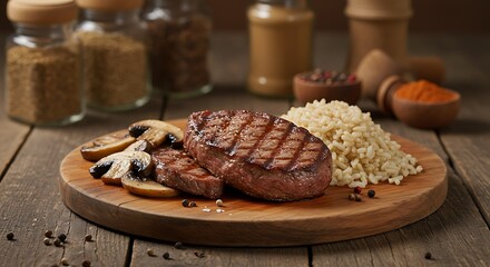 Grilled Steak with Mushrooms and Rice on Wooden Cutting Board