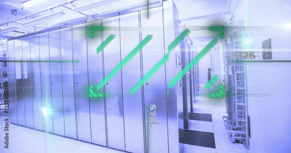 Aufkleber data processing animation over modern server room with glowing green lines