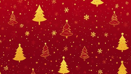 Festive Red Background with Golden Christmas Trees and Snowflakes
