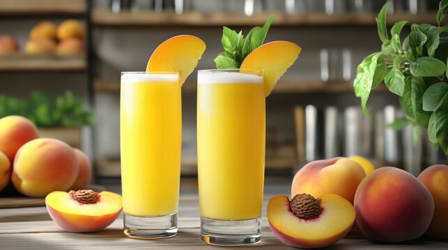 Fresh peach drinks garnished with mint leaves and peach slices on a wooden table with whole peaches in the background